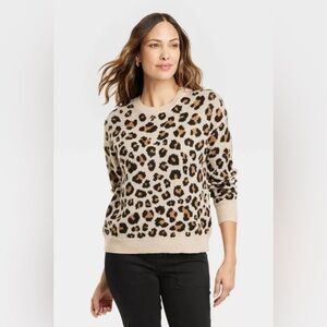 NWT Cotton Emporium by Nordstrom Leopard Print Crew Neck Sweater Tan Sz XS